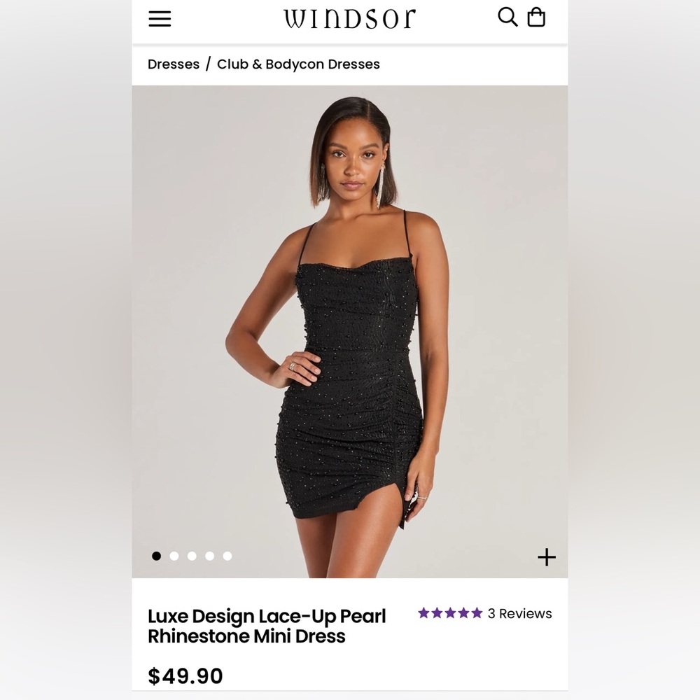 Windsor Luxe Design Lace-Up Pearl Rhinestone Mini Dress Black (M)